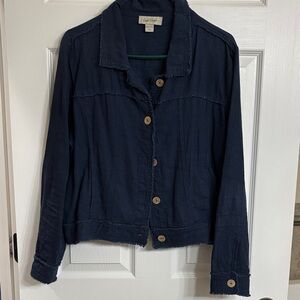 Charlie Paige Navy Linen Blend Jacket with Wooden Buttons